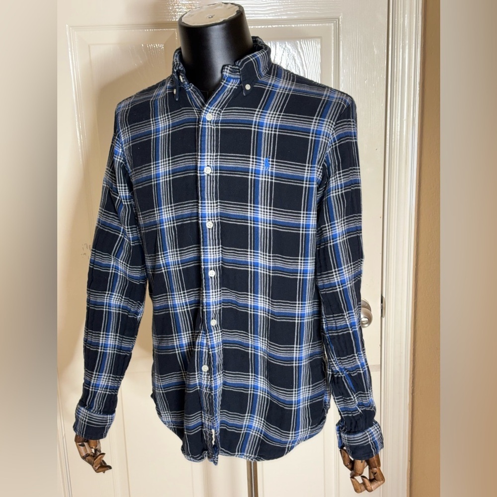 RALPH LAUREN Mens M DOUBLE FACED PLAID SPORT SHIRT Blue Black COTTON​​ - Picture 2 of 11